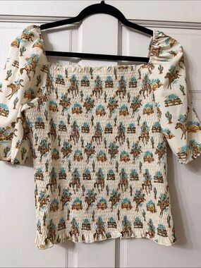 Smocked Off-Shoulder Western Print Top in Cream